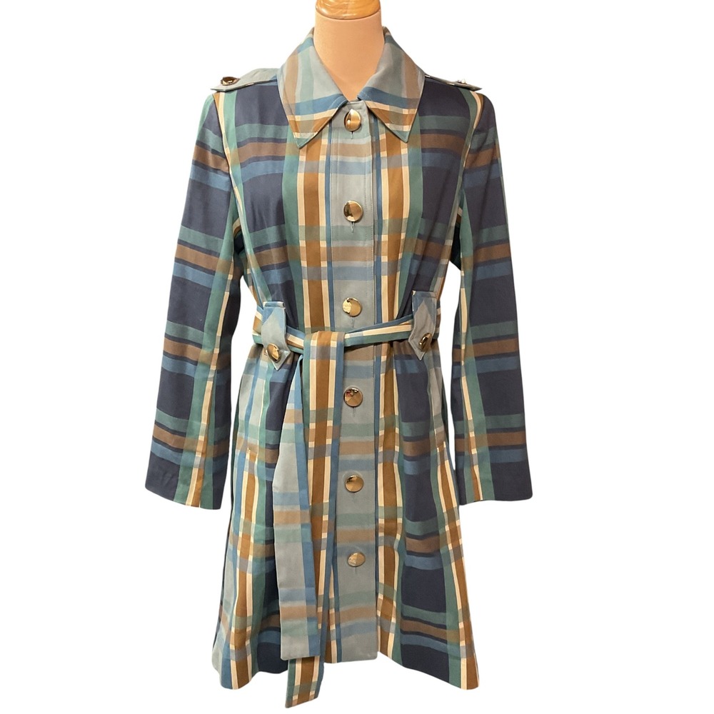 CAbi Women's Multi Plaid Printed Highclere Trench Gold Button Front Size Medium - Picture 2 of 11